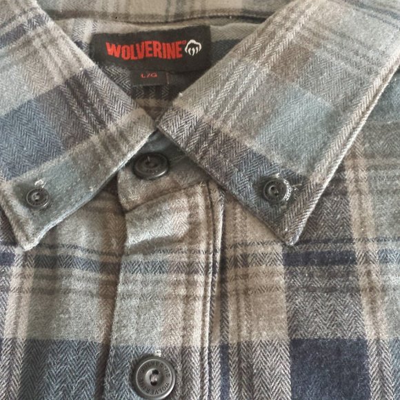 Wolverine Blue Gray Plaid Flannel Button Shirt L - Picture 2 of 6